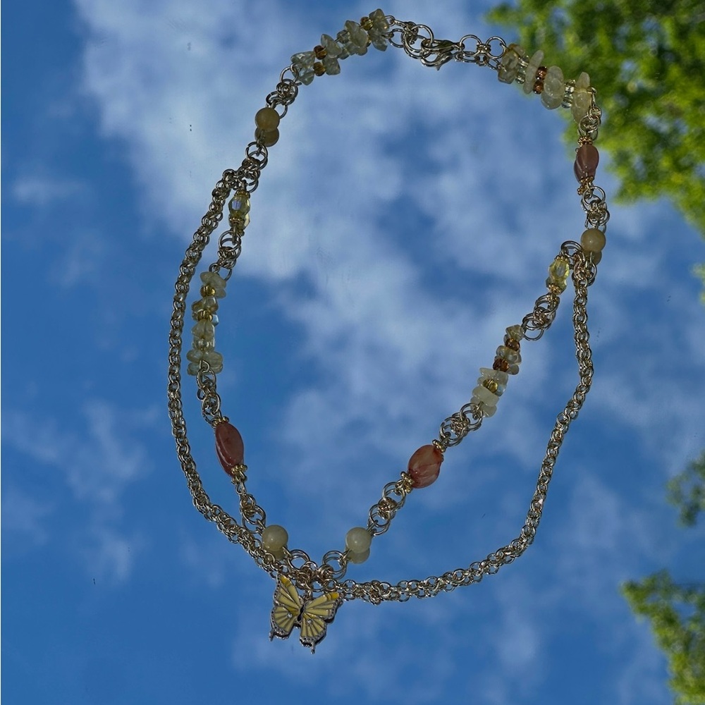 Golden yellow butterfly beaded necklace